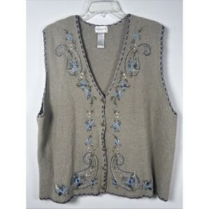 Vintage Koret Womens Large Brown Retro Wool Sleeveless Floral Embroidered Vest